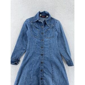 Vintage 70s Landlubber Denim Dress Snap Button Front Flare Womens XS Western USA